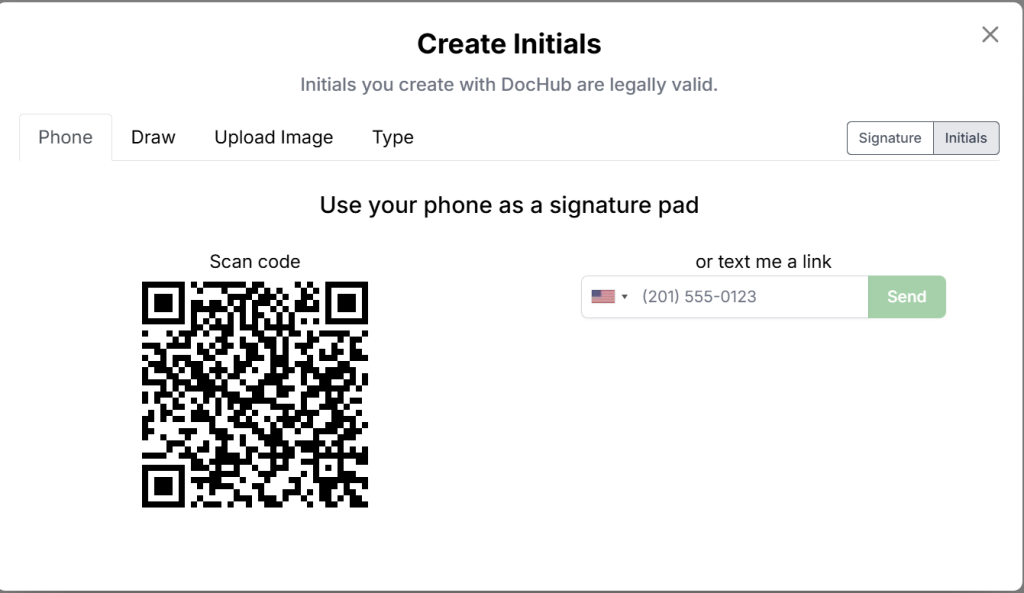 DocHub Create Initials window showing options to create initials by phone, drawing, uploading an image, or typing, with a QR code and text-message link for using a phone as a signature pad.