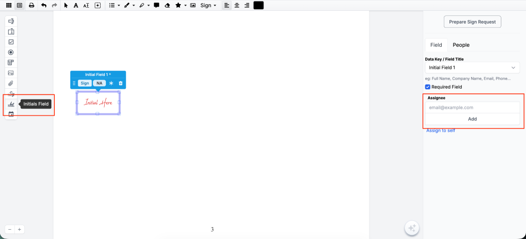 DocHub editor showing an Initials field placed on a document and assigned to a recipient through the Assignee panel, with the field marked as required.
