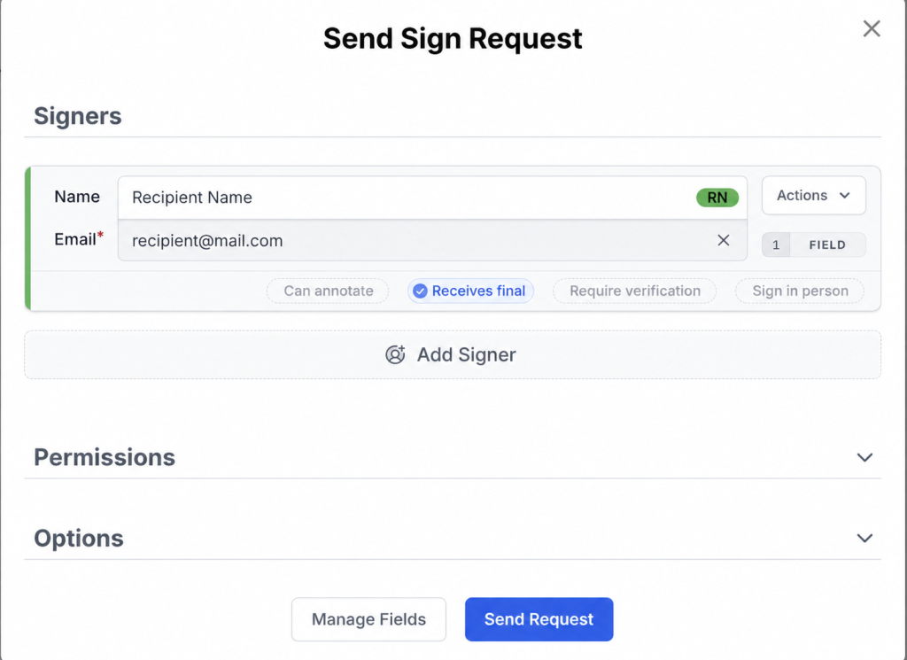 DocHub Send Sign Request window showing a recipient’s name and email, assigned field count, recipient options, and controls to add another signer, manage fields, or send the request.