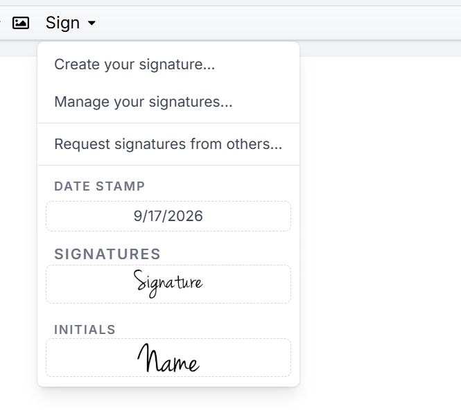 DocHub Sign menu showing options to create or manage signatures, request signatures from others, add a date stamp, and insert saved signature or initials.