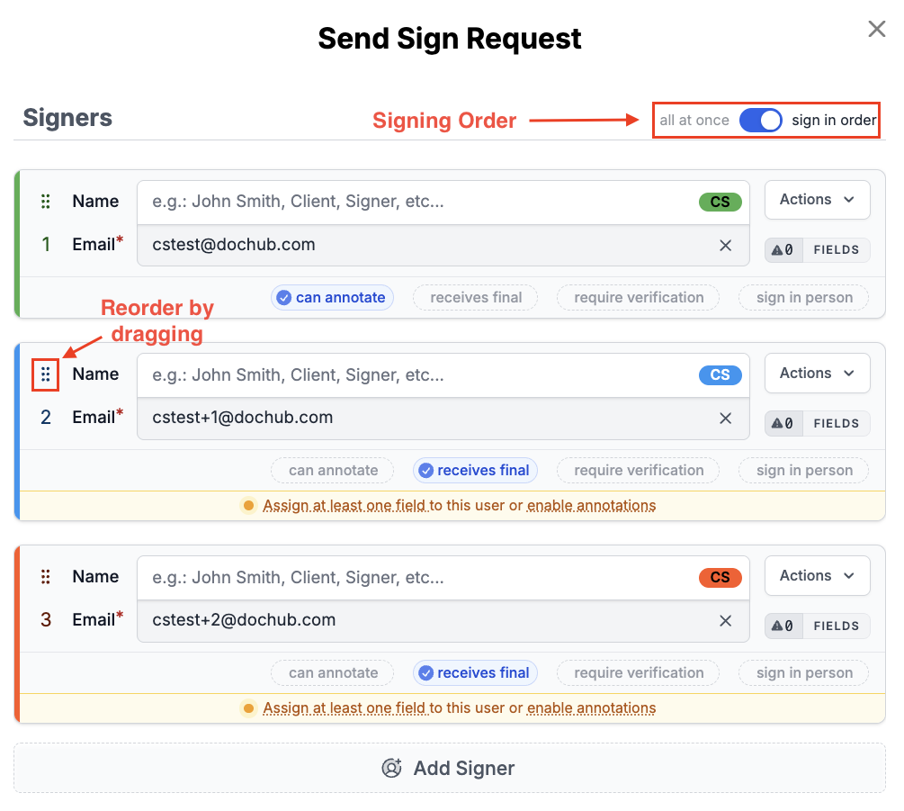DocHub Send Sign Request window showing three recipients, a toggle for signing all at once or in order, drag handles for reordering signers, and recipient-specific options.