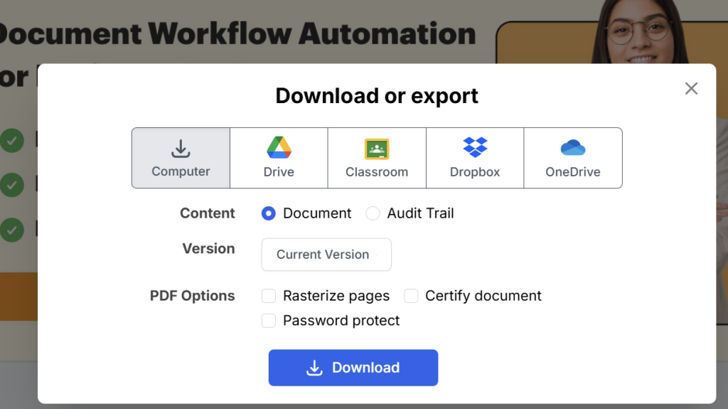 DocHub Download or export dialog with options to save a document to a computer, Google Drive, Classroom, Dropbox, or OneDrive, plus audit trail and PDF settings.