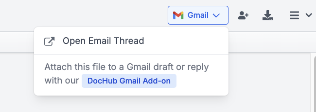 DocHub Gmail Add-on menu showing an option to open an email thread and attach a DocHub file to a Gmail draft or reply.
