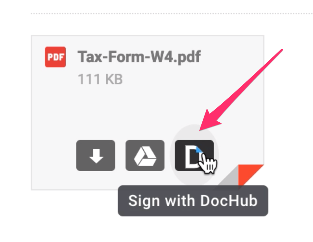 Gmail attachment controls for a PDF showing the DocHub browser extension button labeled “Sign with DocHub” next to download and Google Drive options.